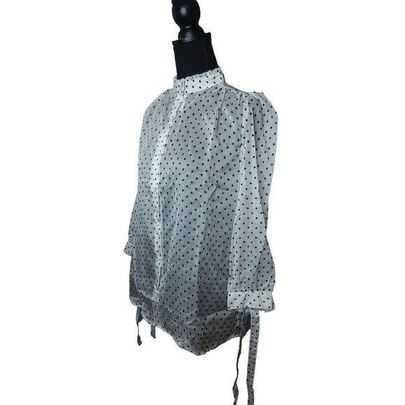 2/$35- Neon Blonde Sheer Polk A Dot 3/4th Tie Sleeves Button Blouse Women's XS - Picture 5 of 9